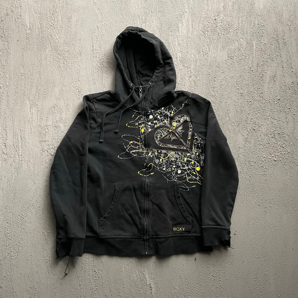 Vintage Paint Splatter Heart Logo Zip Hoodie Women Medium Black Y2K Roxy